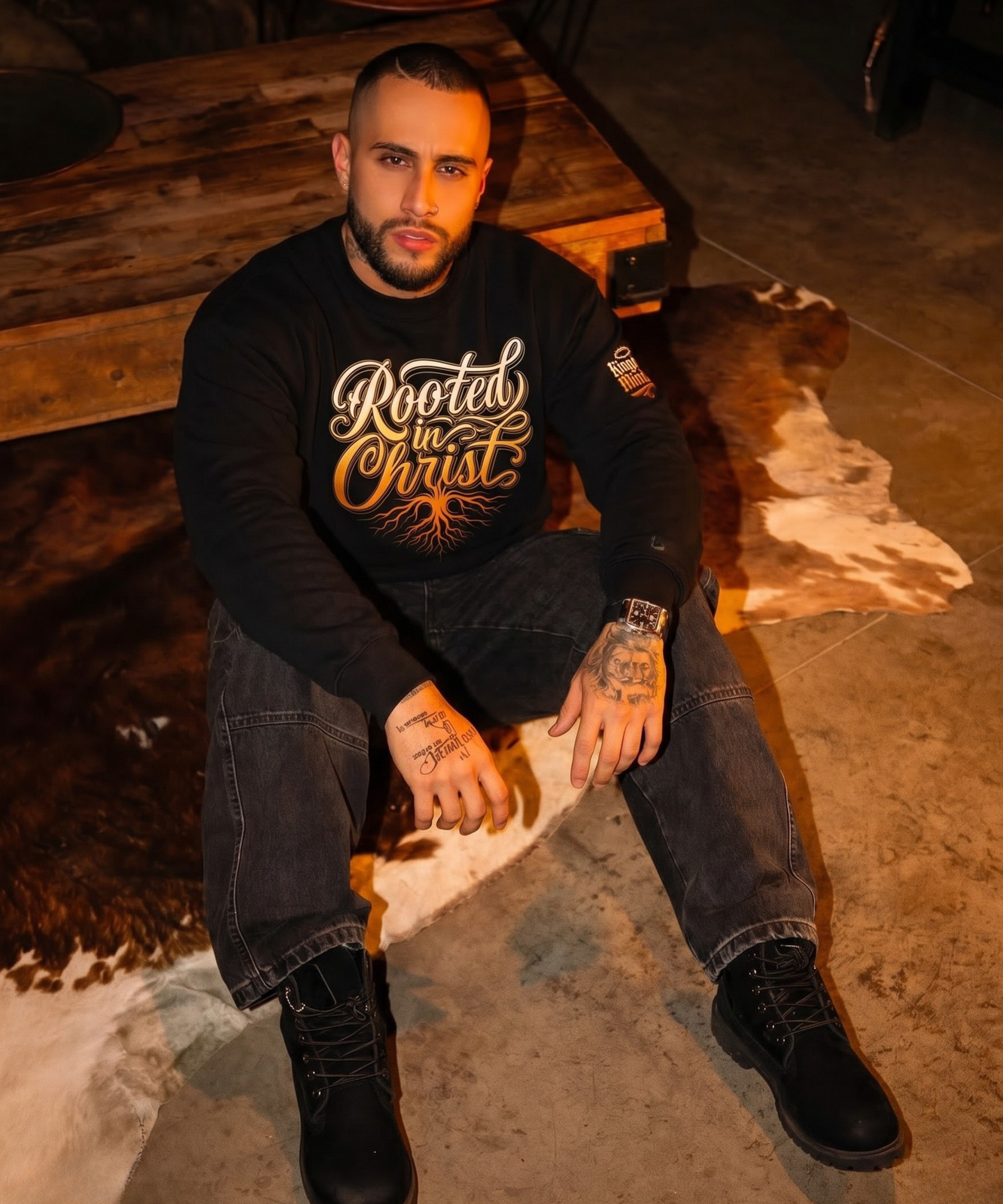 Rooted In Christ Sweatshirt — gold script print on lifestyle model
