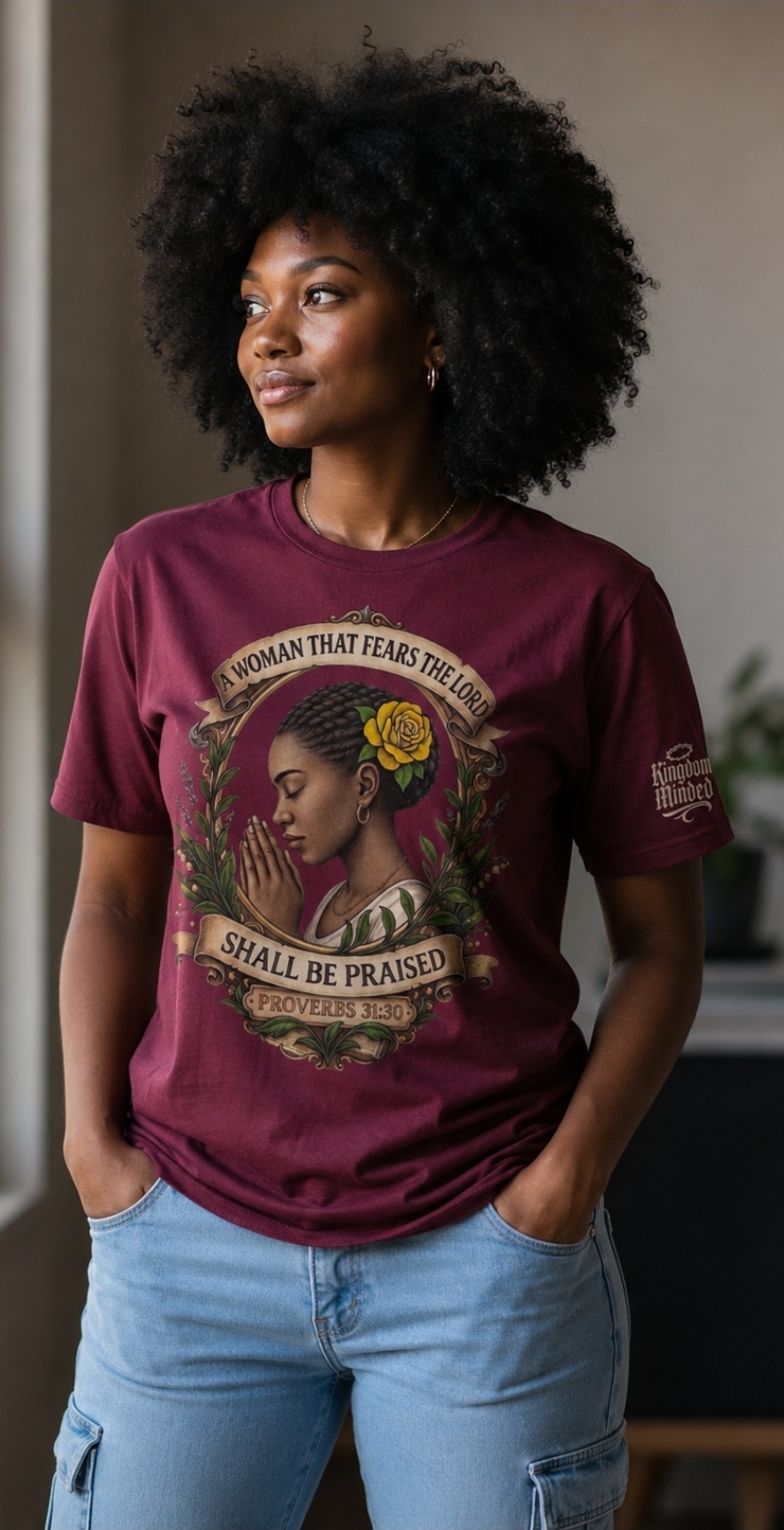 Shall Be Praised Short Sleeve Tee — Proverbs 31:30 maroon tee